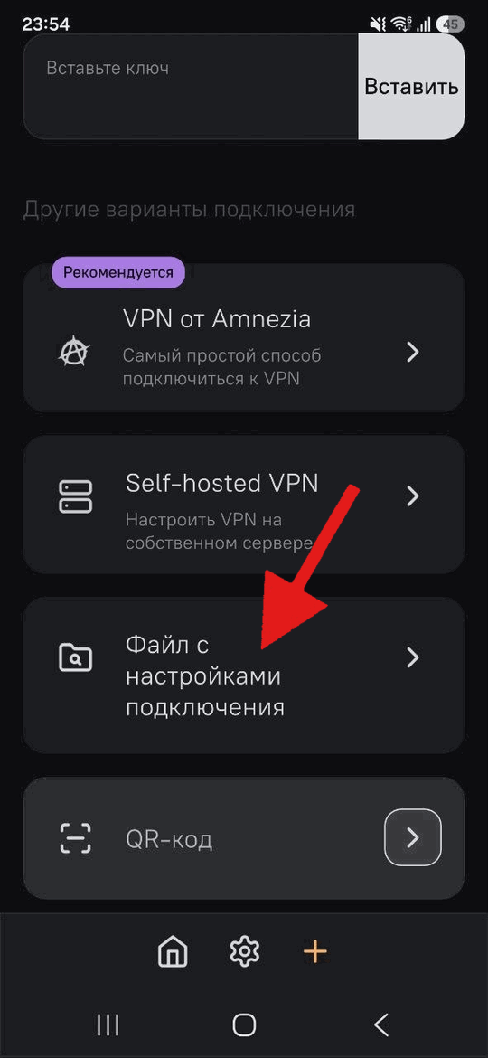 AmneziaVPN на Android: пункт «Файл с настройками подключения»