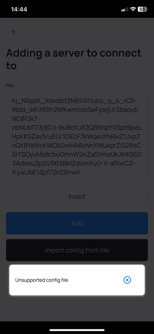 iPhone, DefaultVPN: сообщение Unsupported config file