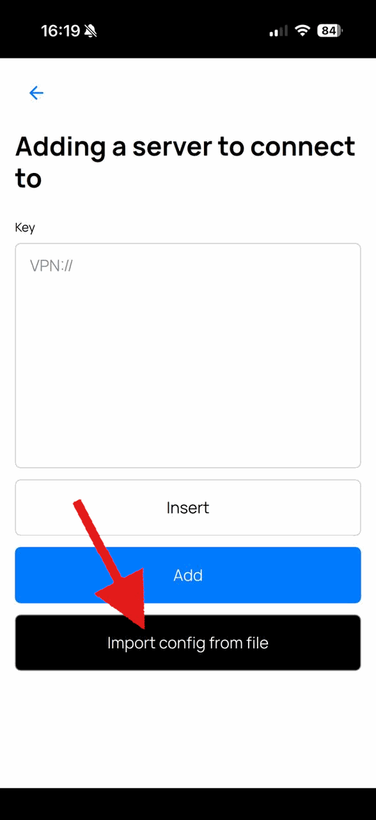 DefaultVPN на iPhone: кнопка «Import config from file»
