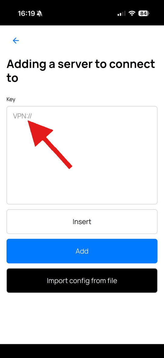 DefaultVPN на iPhone: поле «Key» и кнопка «Insert»